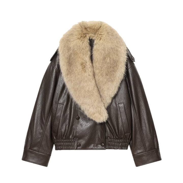 Women's short-cut bomber jacket made of leather look with voluminous faux fur collar Mune Fashion