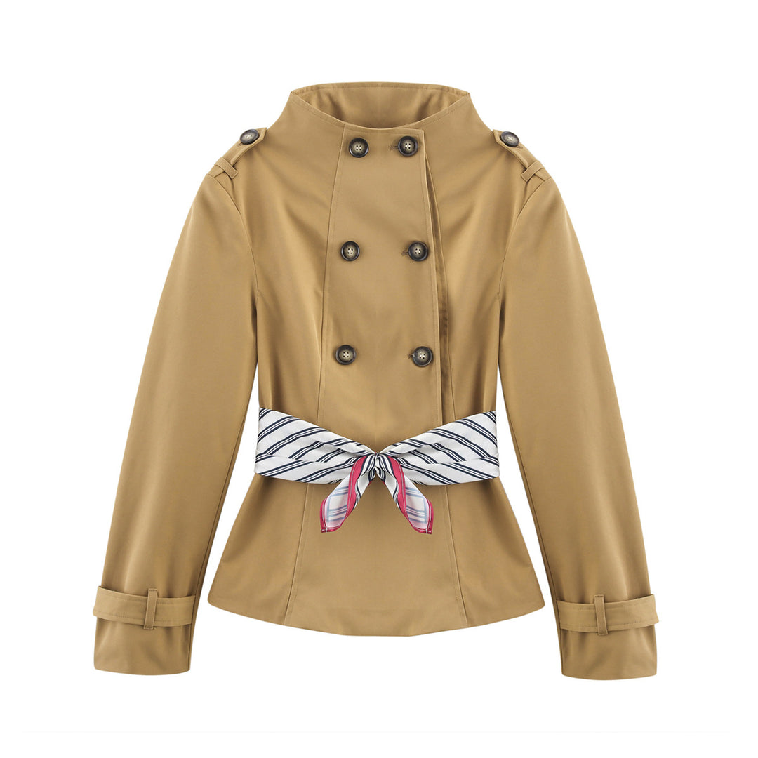 Women's nan short tailored double-breasted trench with stand-up collar and silk scarf belt Mune Fashion