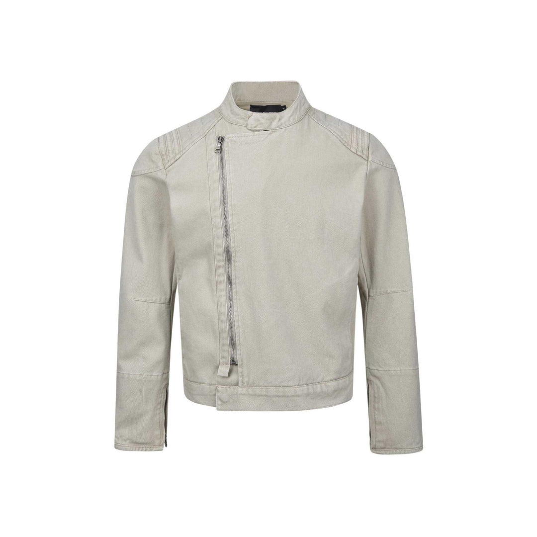 Men's short-cut asymmetric canvas biker jacket with funnel collar and zipper detail Mune Fashion