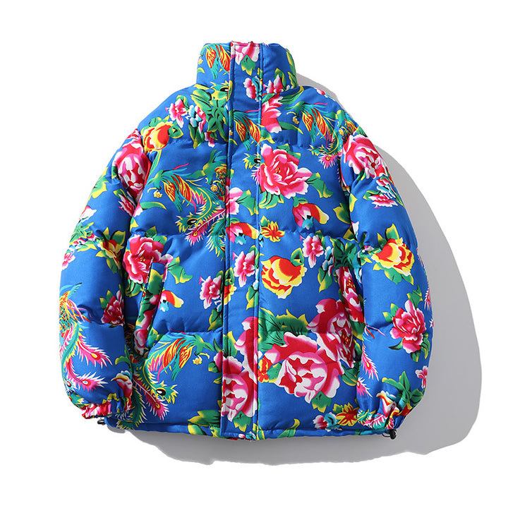 Women’s Padded Quilted Puffer Jacket with Large Floral Print and Stand Collar Mune Fashion