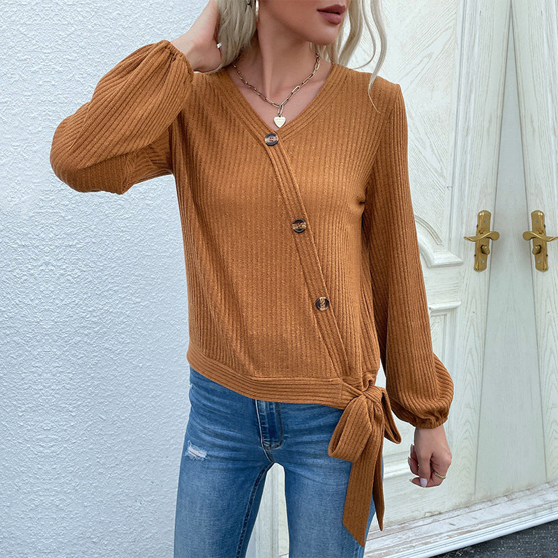 Women's Ribbed Wrap Cardigan with V-Neck and Side Knot Detail Mune Fashion