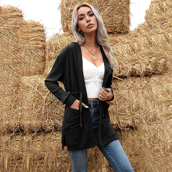 Women Longline Fine Knit Cardigan with Drawstring, Rib Structure and Insert Pockets Mune Fashion