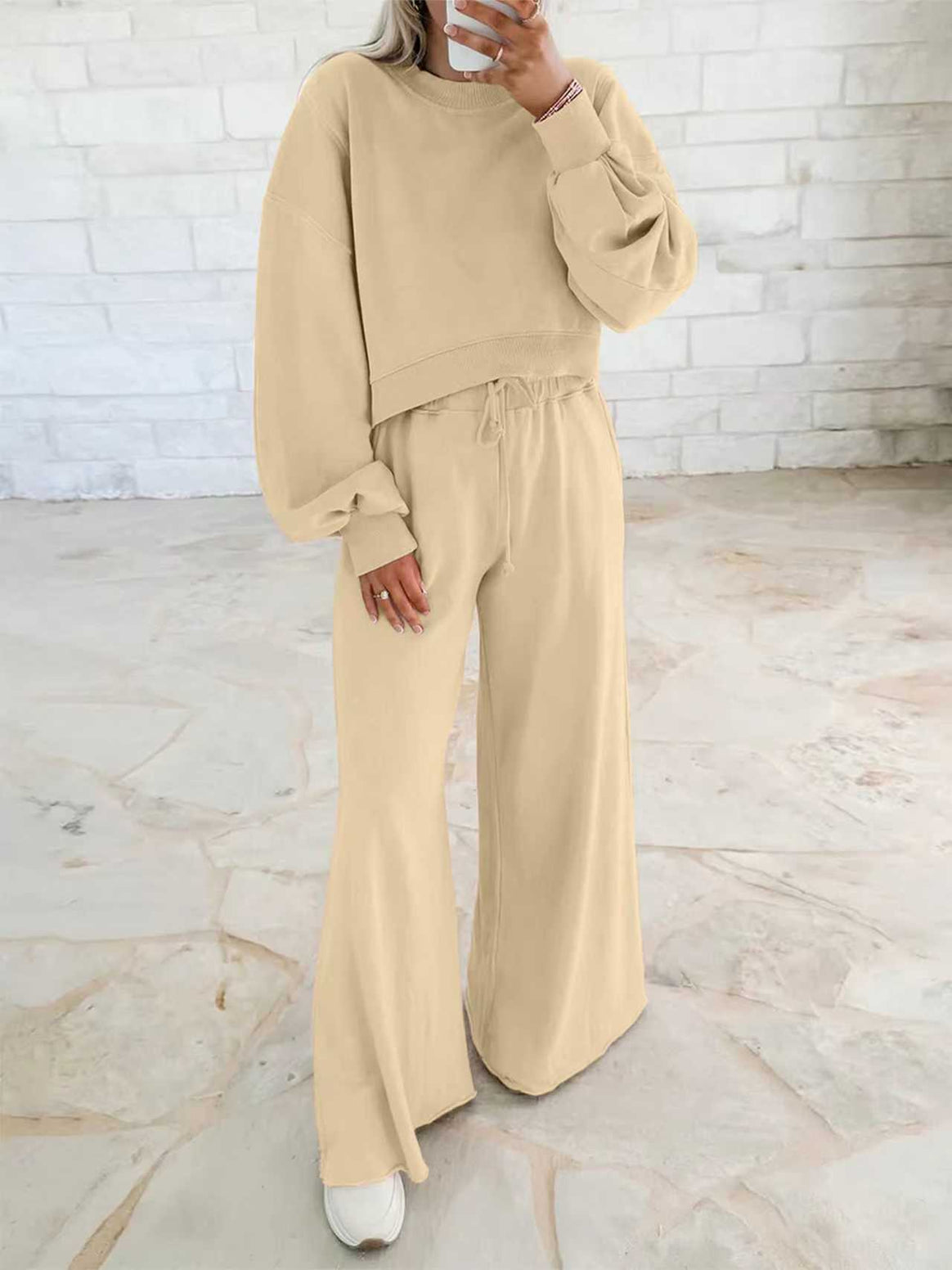 Women's Short Sweater and Palazzo Pants Lounge Set with Balloon Sleeves Mune Fashion
