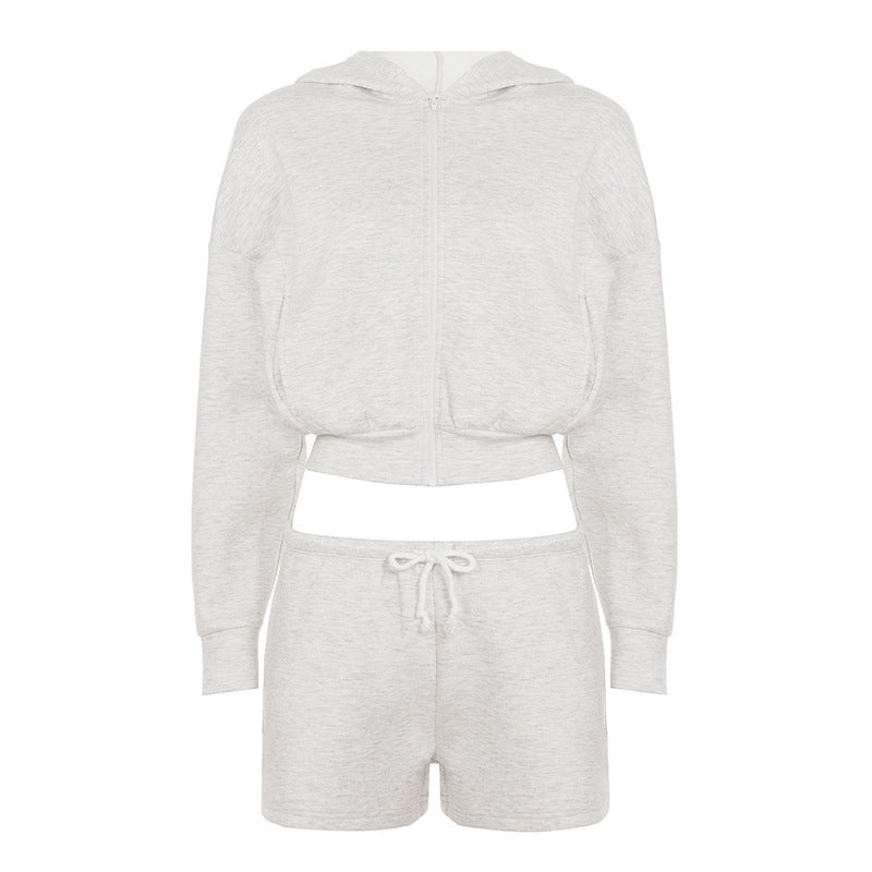 Women Nano Short Hooded Hoodie and Drawstring Shorts Lounge Set with Full Zip and High Waist Tie Mune Fashion