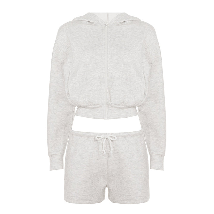 Women Nano Short Hooded Hoodie and Drawstring Shorts Lounge Set with Full Zip and High Waist Tie Mune Fashion