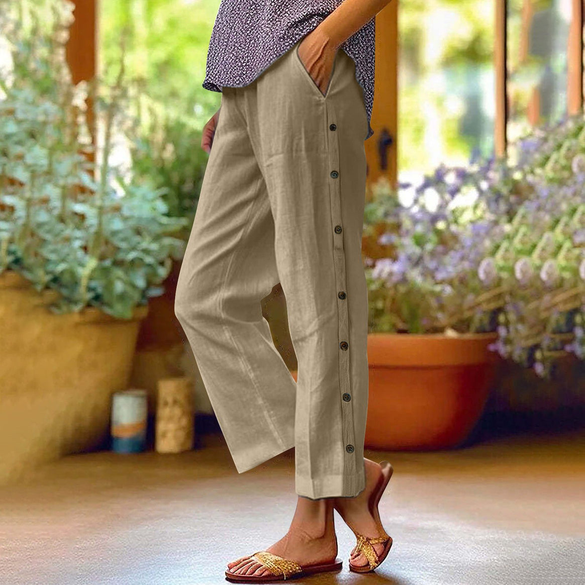 Ladies Light Relaxed Pants with Side Button Placket and Insert Pockets Mune Fashion