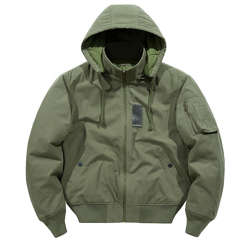 Men's Canvas Field Bomber Jacket with Hood, Utility Arm Pocket and Ribbed Hem Mune Fashion