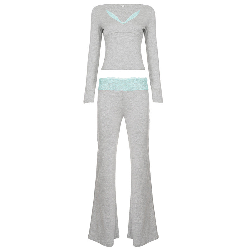 Ladies nan Lounge set with lace waistband, V-neck and flared bell-bottoms Mune Fashion