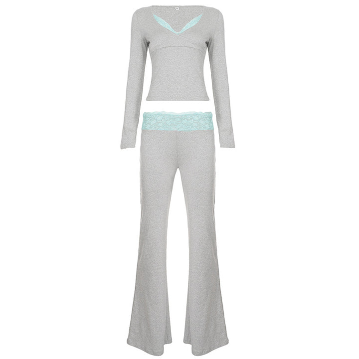 Ladies nan Lounge set with lace waistband, V-neck and flared bell-bottoms Mune Fashion