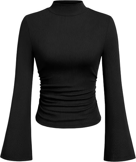 Women's Ribbed Long Sleeve Top with Stand-Up Collar, Trumpet Sleeves, and Fitted Cut Mune Fashion