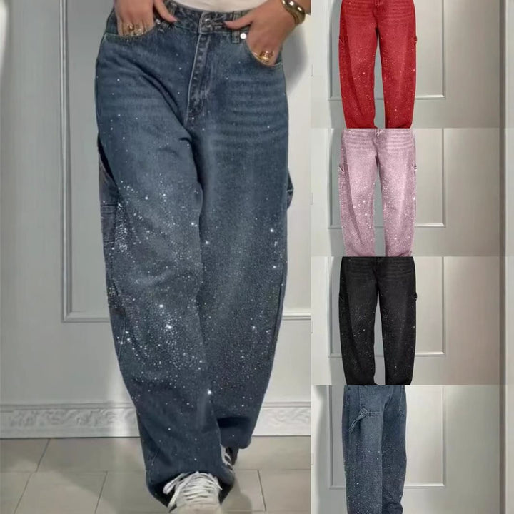 Women's High-Waist Jeans in loose Cargo cut with sparkling rhinestone trim Mune Fashion