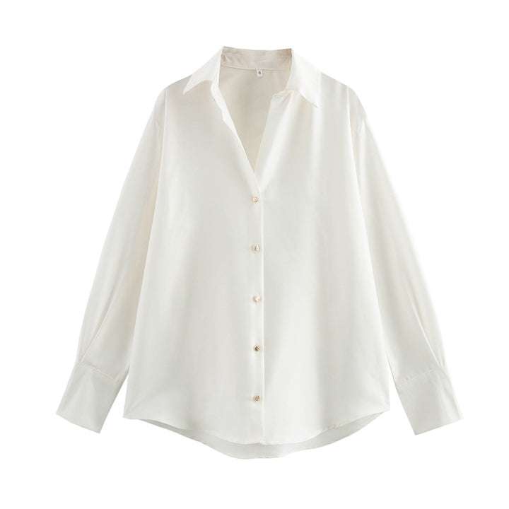 Women's oversized satin blouse with shirt collar, extended cuffs and rounded hem Mune Fashion