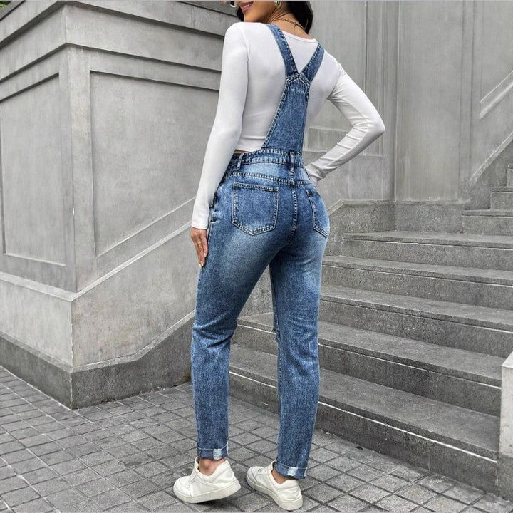 Women's denim dungarees with sculpting high waist, side decorative button plackets and ripped knee section Mune Fashion