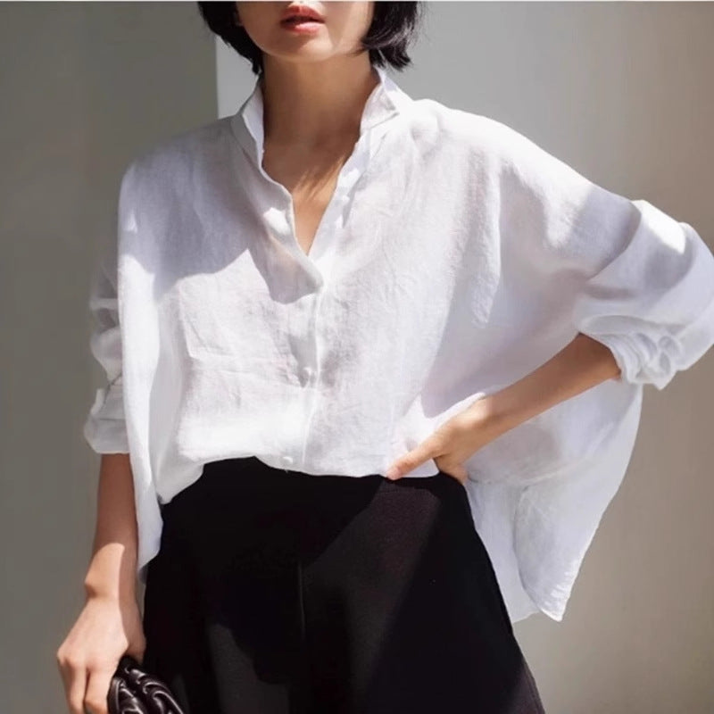 Women's Oversized Linen Blouse with Gathered Back Yoke and Roll-Up Sleeves Mune Fashion