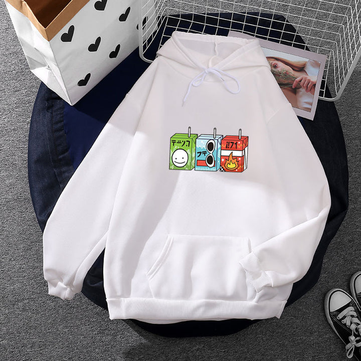 Ladies oversized hoodie with cartoon drink carton print, kangaroo pocket and soft inner lining Mune Fashion