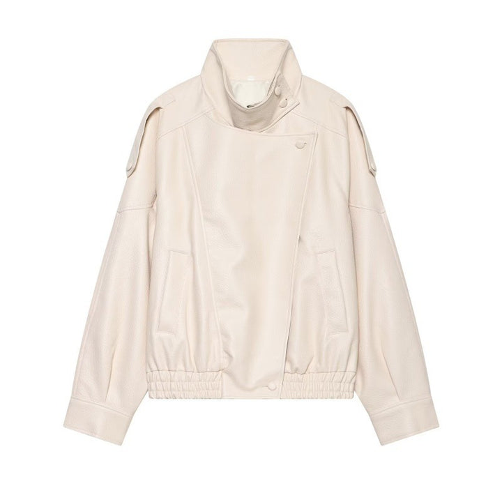 Women Faux Leather Bomber Jacket with High Stand Collar, Asymmetrical Closure and Elastic Hem Mune Fashion