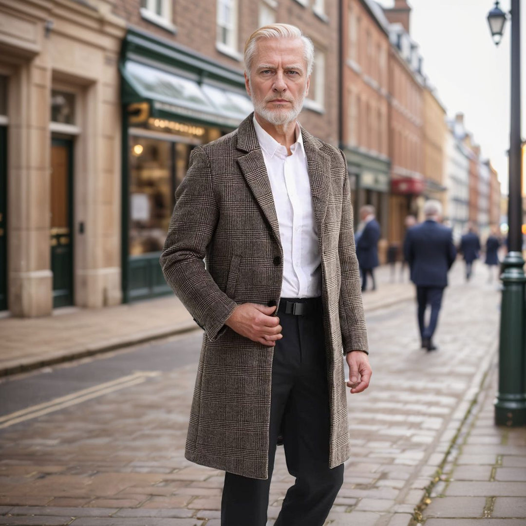 Men's wool blend coat in glen check with a slim long silhouette Mune Fashion