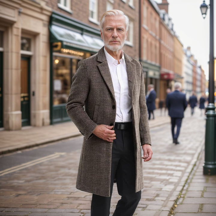 Men's wool blend coat in glen check with a slim long silhouette Mune Fashion
