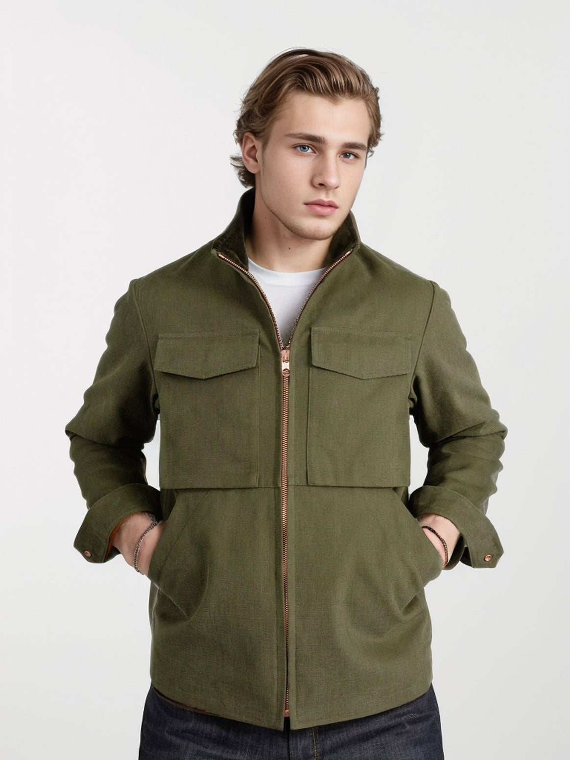 Men's Short Denim Field Jacket with Stand-Up Collar, Zipper, and Applied Chest Pockets Mune Fashion