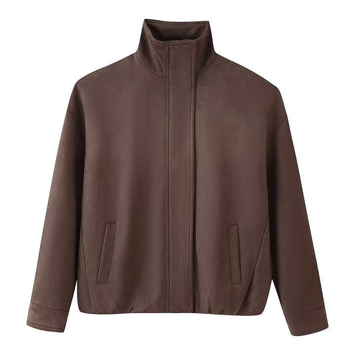 Women's Boxy Short Jacket with High Stand Collar, Concealed Front Placket and Jetted Pockets Mune Fashion