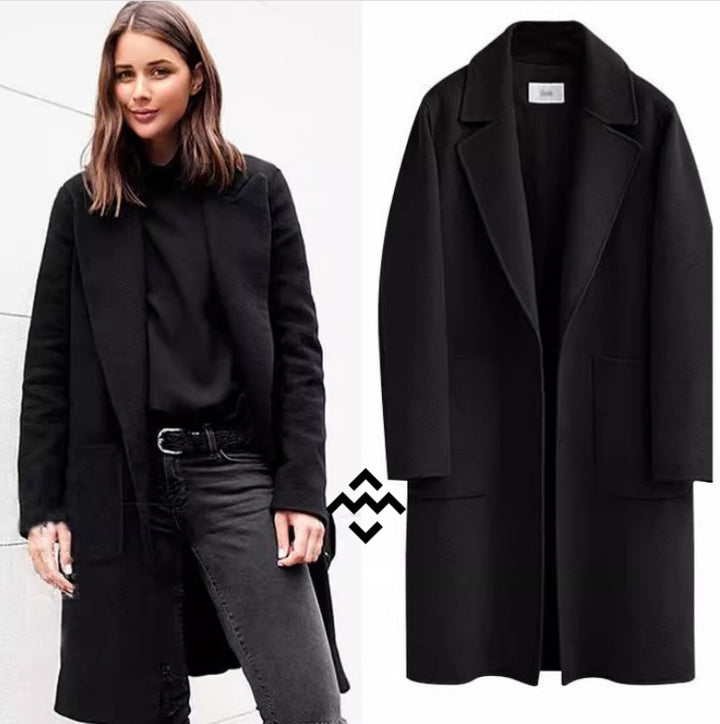 Women nan Oversize Wool Coat with Lapel Collar and Patch Pockets Mune Fashion