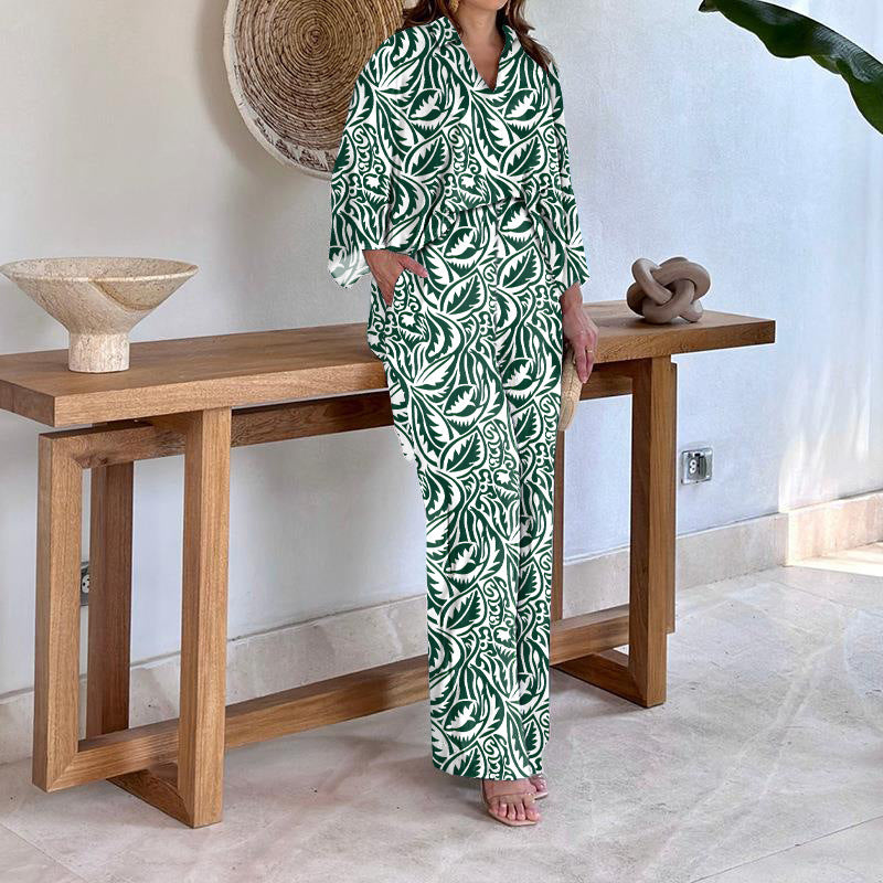 Women's Patterned Kimono Lounge Set with Wide Palazzo Pants made of Lightweight Viscose Mix Mune Fashion