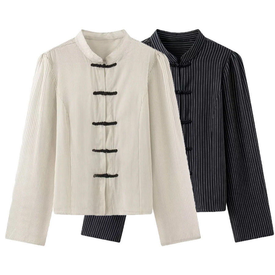 Women's tailored Chinese-inspired jacket with stand-up collar and decorative knot closures Mune Fashion