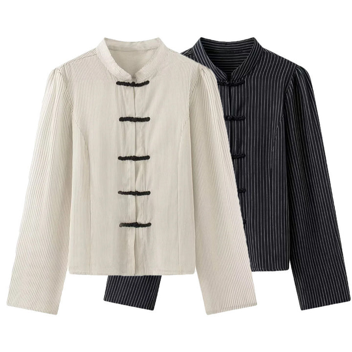 Women's tailored Chinese-inspired jacket with stand-up collar and decorative knot closures Mune Fashion
