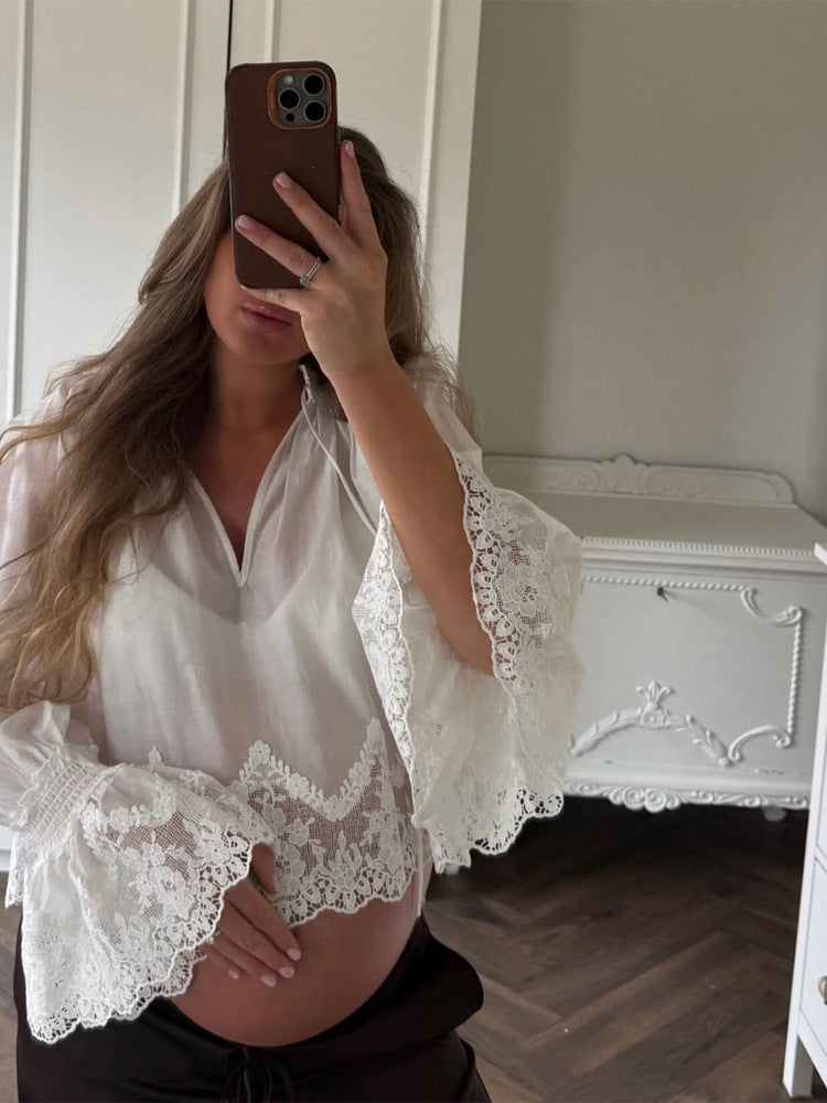 Women's Transparent Lace Blouse Top with Bell Sleeves and Crochet Trim Mune Fashion