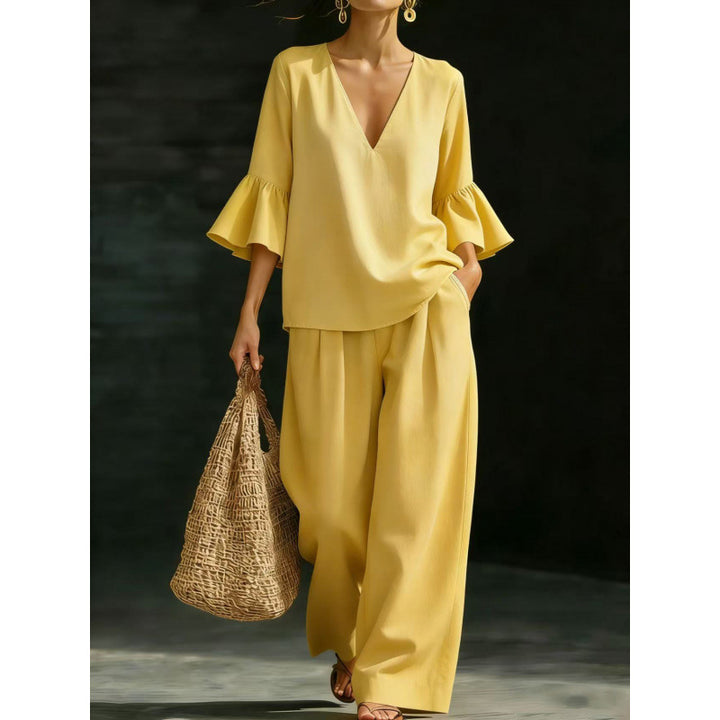 Women's Two-Piece V-Neck Tunic Set with Ruffle Sleeves and Wide High-Waisted Palazzo Pants Mune Fashion