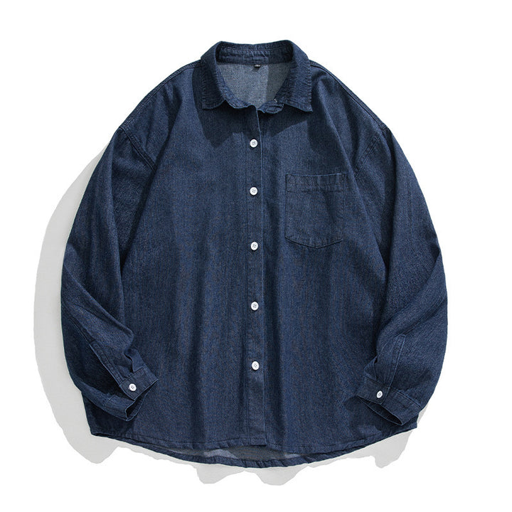 Unisex Lockeres Denim Shirt with Chest Pocket, Rounded Hem and Continuous Button Placket Mune Fashion