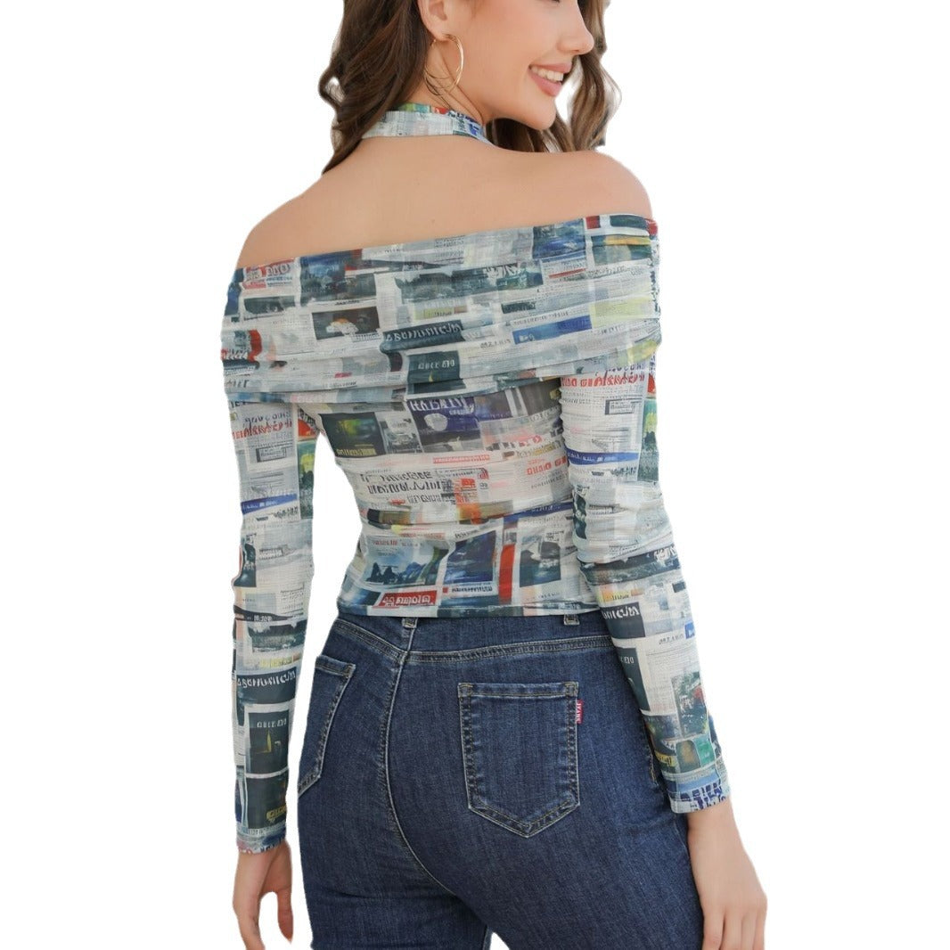 Ladies' Off-Shoulder Mesh Top with Newspaper Print, Halter Neck and Fitted Shape Mune Fashion