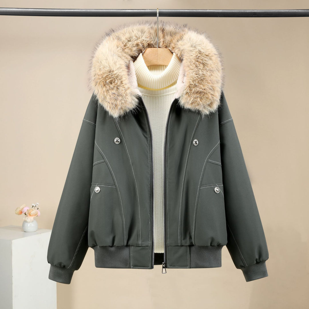 Women's short-cut thermo bomber jacket with removable faux fur collar, high stand-up collar, and ribbed cuffs Mune Fashion