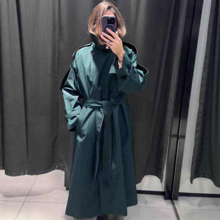Women Long Water-Repellent Trench Coat with Waist Belt and High Stand Collar Mune Fashion