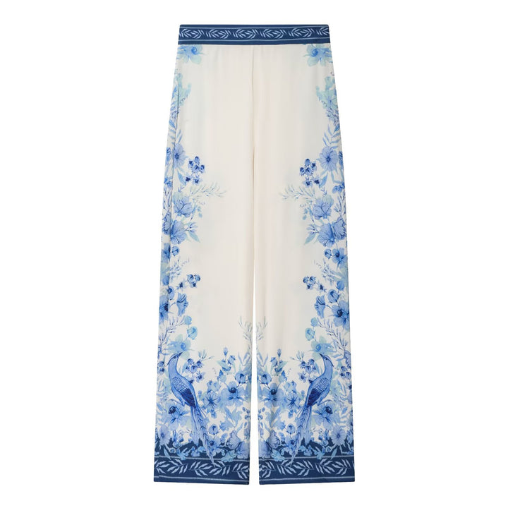 Women Wide Palazzo Pants with Elastic Waistband and Floral Trim Optics Mune Fashion