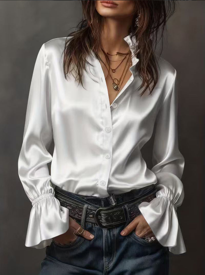 Women's Satin Blouse with Stand Collar, Button Placket, and Ruffled Sleeves