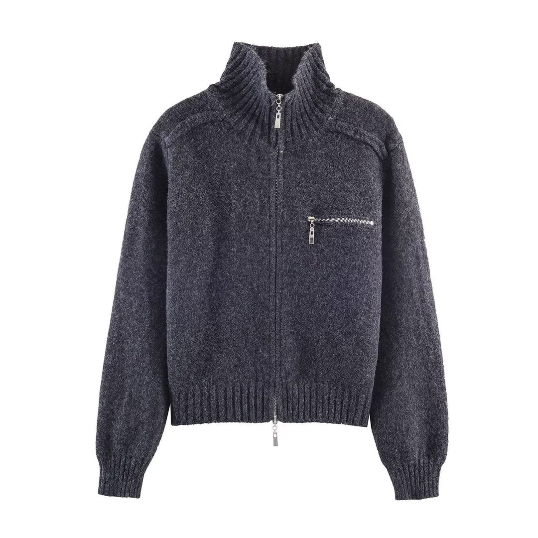 Women's Chunky Knit Zip-Up Cardigan with High Ribbed Collar and Chest Pocket Mune Fashion