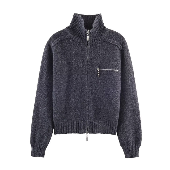 Women's Chunky Knit Zip-Up Cardigan with High Ribbed Collar and Chest Pocket Mune Fashion