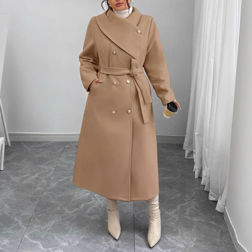 Women's Double-Breasted Wool Blend Coat with Wide Shawl Collar and Tie Belt Mune Fashion