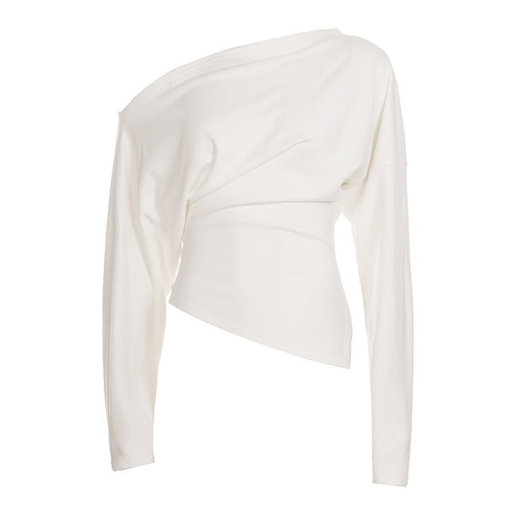 Women's figure-hugging stretch top with wide boat neckline and asymmetrical hem Mune Fashion