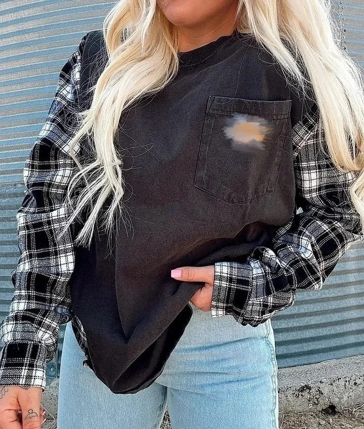 Women's oversized sweatshirt in mixed materials with checkered sleeves and applied chest pocket Mune Fashion