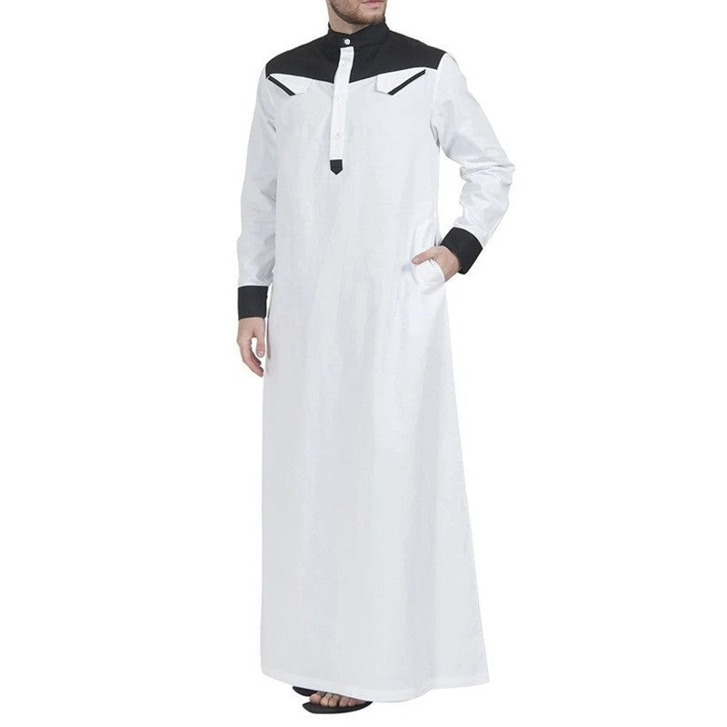 Men's long thobe with contrasting shoulder yoke, stand collar, and side pockets Mune Fashion