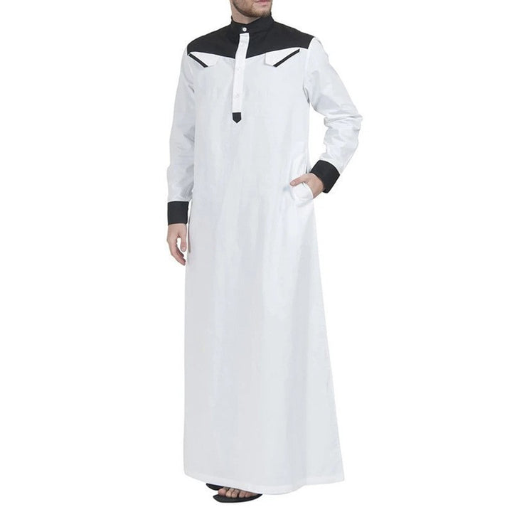 Men's long thobe with contrasting shoulder yoke, stand collar, and side pockets Mune Fashion