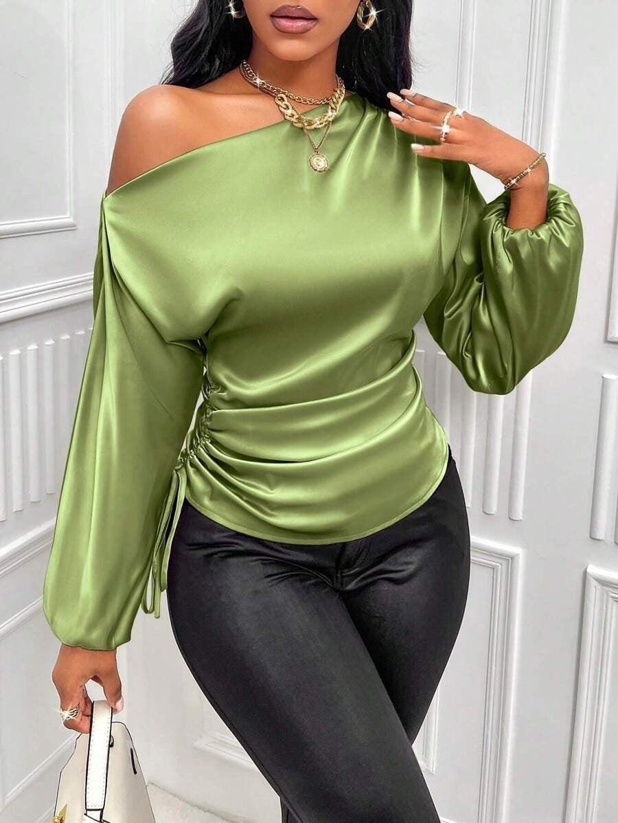 Women's satin blouse with asymmetric off-the-shoulder neckline and wide batwing sleeves Drune