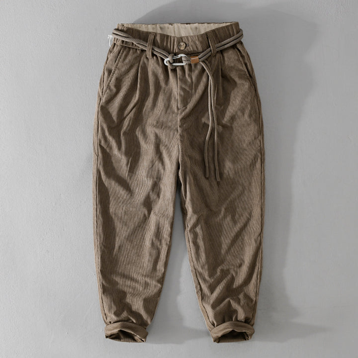 Men's Fine Cord Tapered Pants with Elastic Waistband, Drawstring and Rolled Hem Mune Fashion