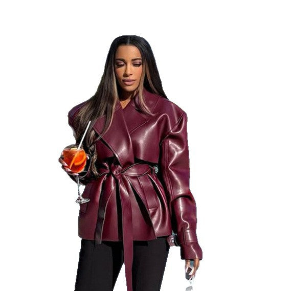 Women's Tailored Faux Leather Blouson with Ties and Voluminous Shoulder Area Mune Fashion
