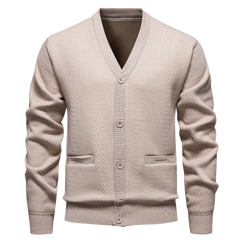 Men's Textured V-Neck Knit Cardigan with Button Placket and Pockets Mune Fashion