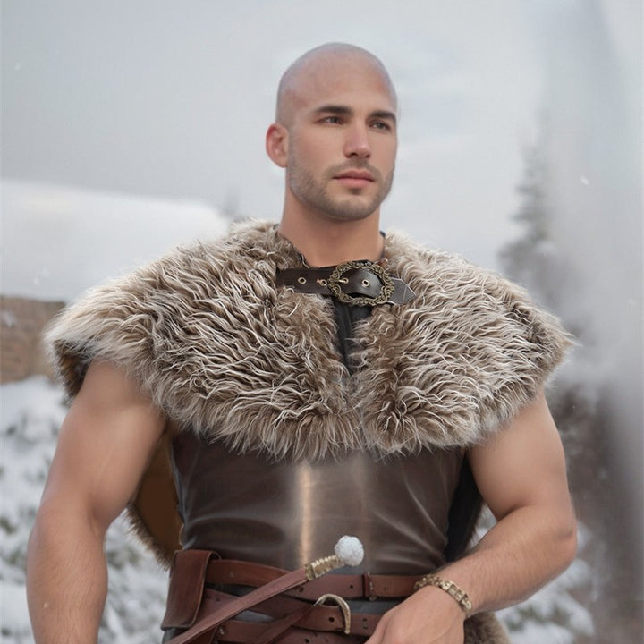 Men's Short Faux Fur Shoulder Cape in Medieval Style with Decorative Closure Mune Fashion
