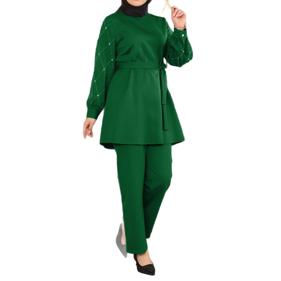 Ladies Elegant Two-Piece Tunic Set with Waist Belt and Decorative Sleeves Drune