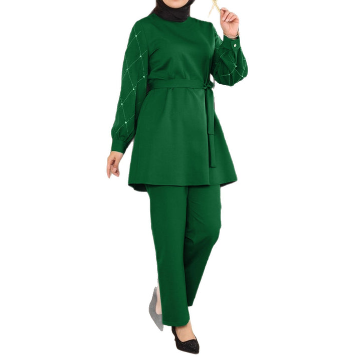 Ladies Elegant Two-Piece Tunic Set with Waist Belt and Decorative Sleeves Drune